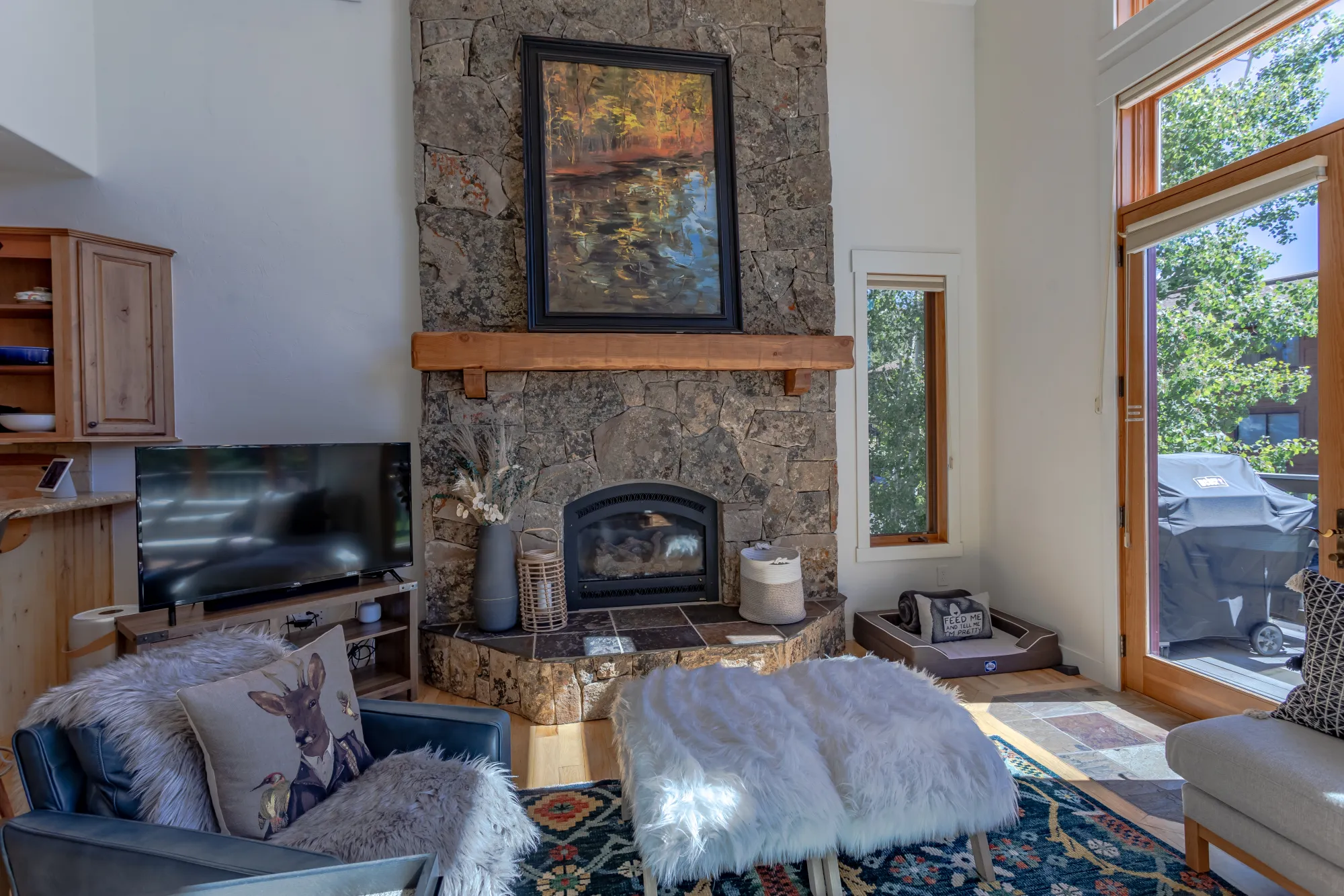 A dog bed by the fire — pups stay free
