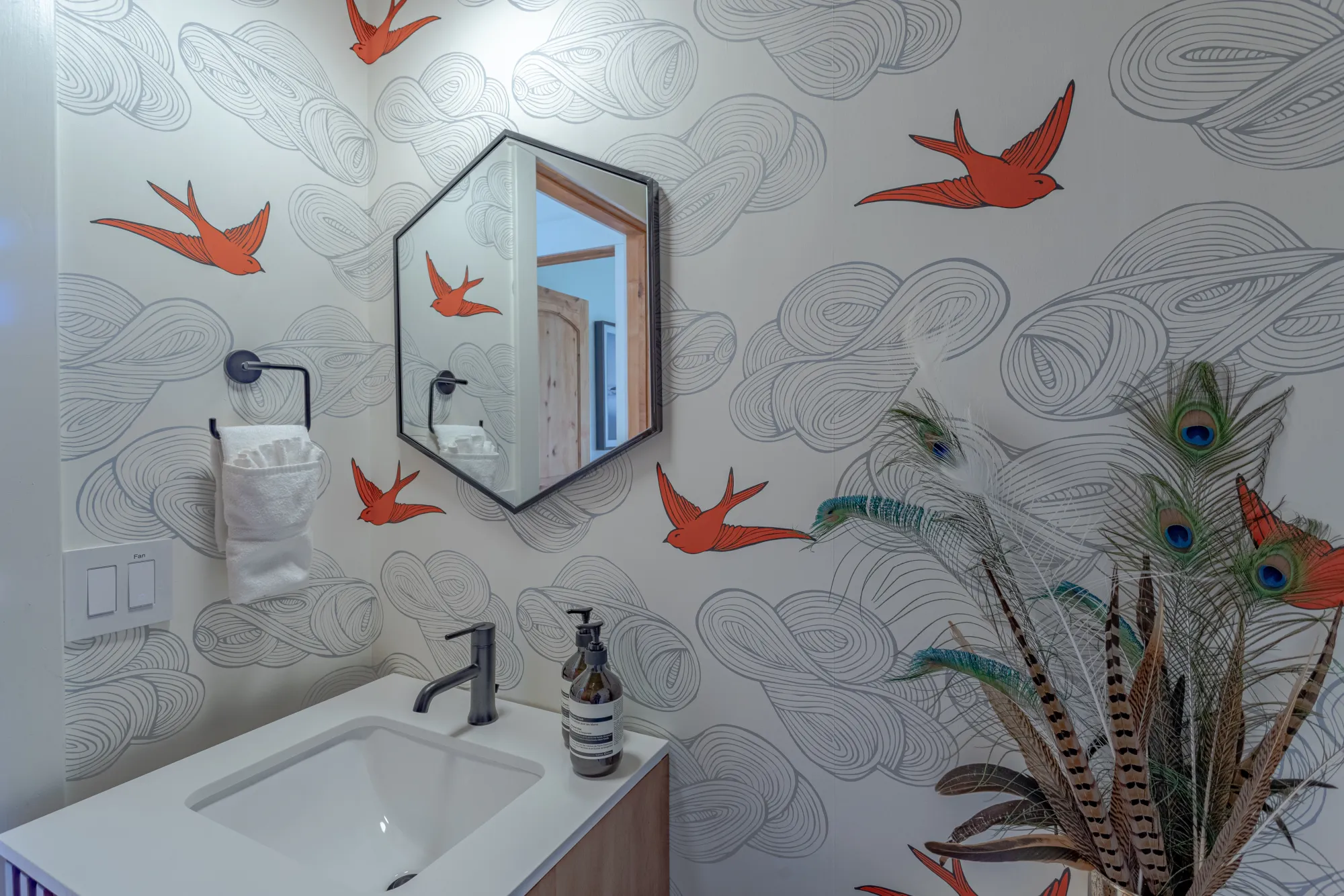 Powder room — swallows wallpaper